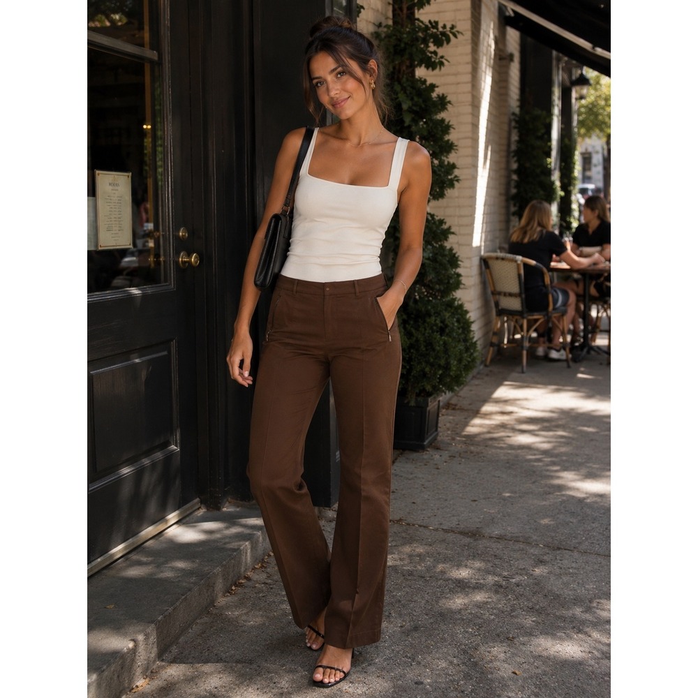 Akris Brown Stretch Cotton Pintuck Straight Leg Trousers Size US 8 Side Zip